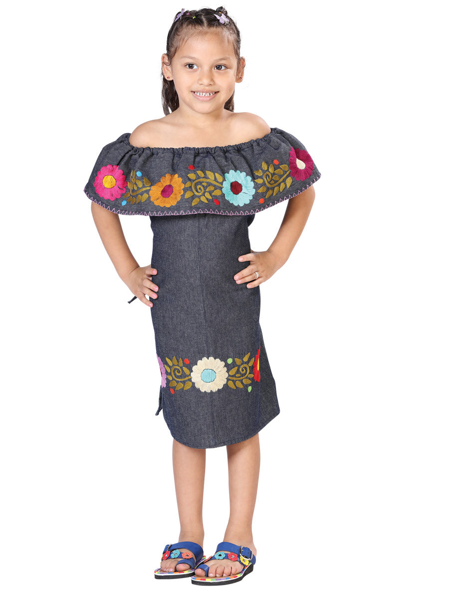 Artisanal Embroidered Dress 100% Cotton Denim Blue 603271