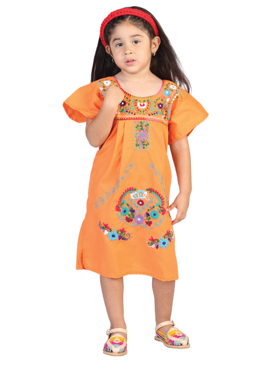 Artisanal Embroidered Dress  50% Cotton, 50% Polyester Orange  601621