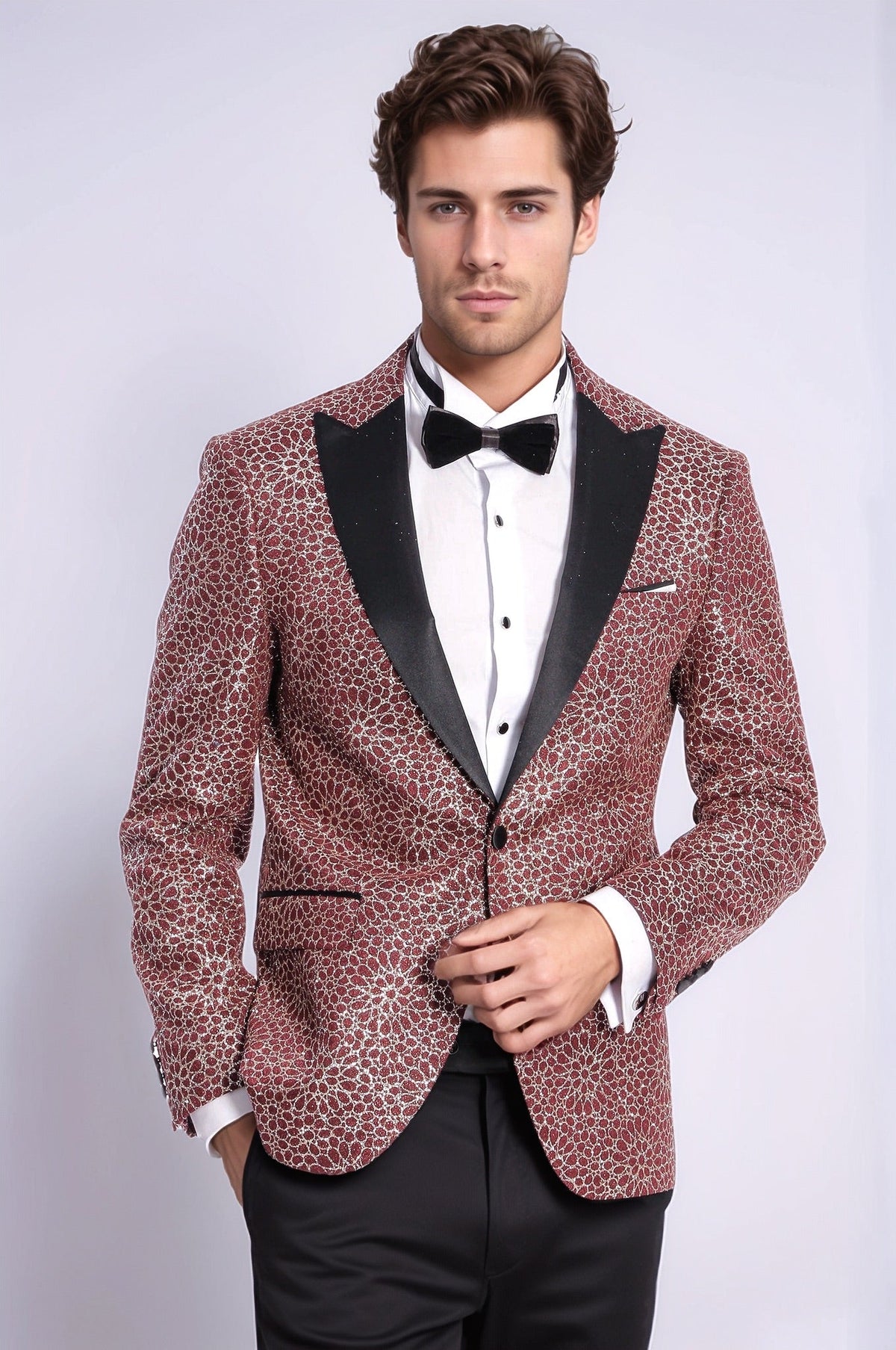 Flower Embroidered Pattern Burgundy Men Tuxedo Blazer - Wessi